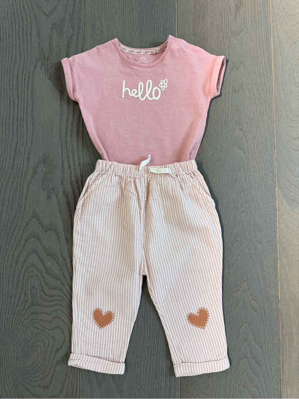 next Pink 'hello' Tee with Striped Heart Patch Pants